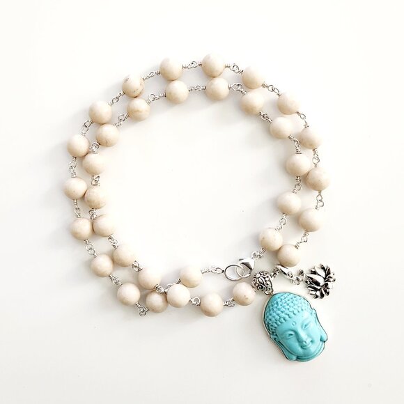 PREMIUM WOOD AGATE NECKLACE W/ TURQUOISE BUDDHA PENDANT